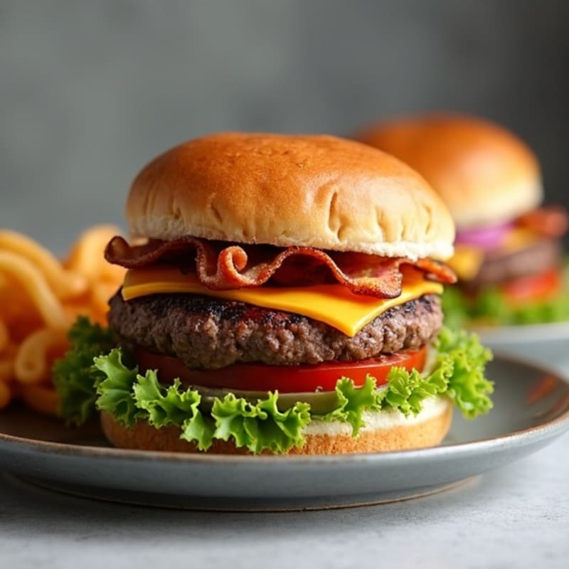Grilled Lean Beef Burger with Crispy Turkey Bacon and Melted Cheddar