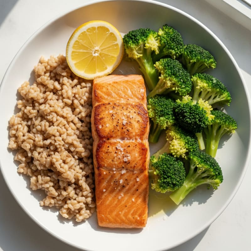 Seared Salmon Fillet with Steamed Broccoli and Brown Rice