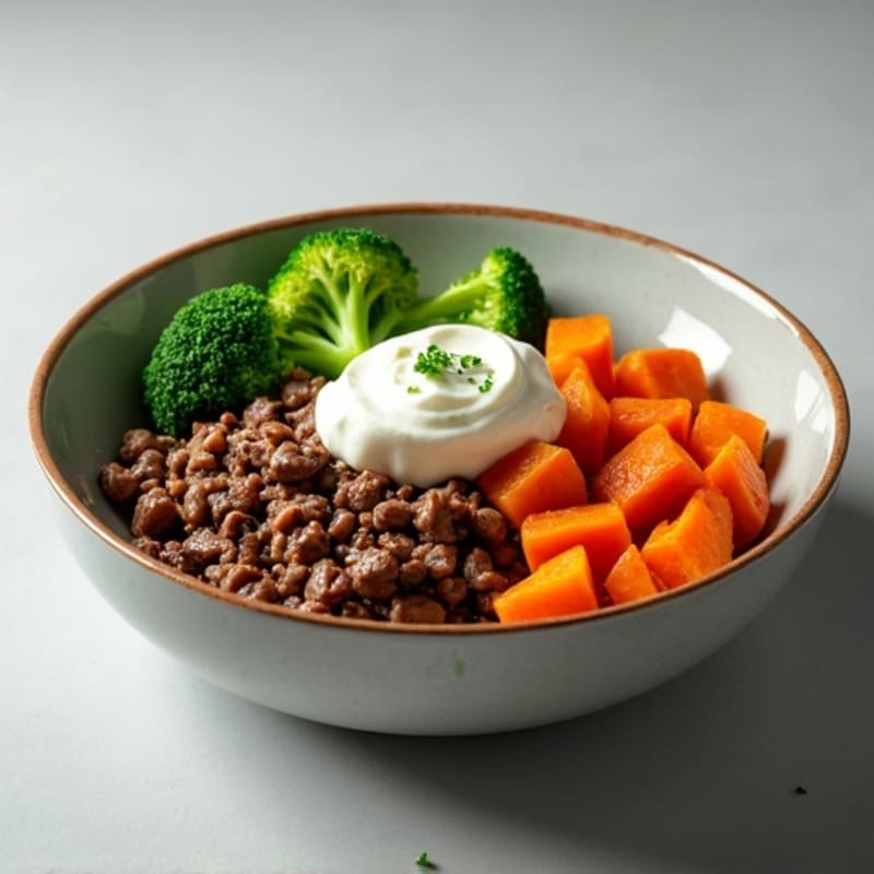 Lean Ground Beef and Roasted Sweet Potato Bowl with Steamed Broccoli