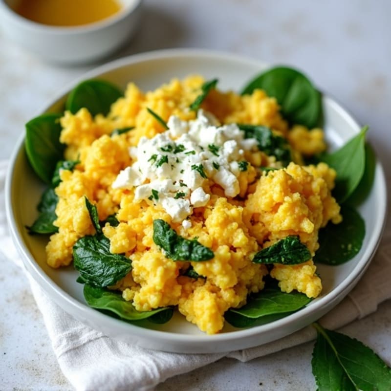 Fluffy Egg Scramble with Fresh Spinach and Crumbled Feta