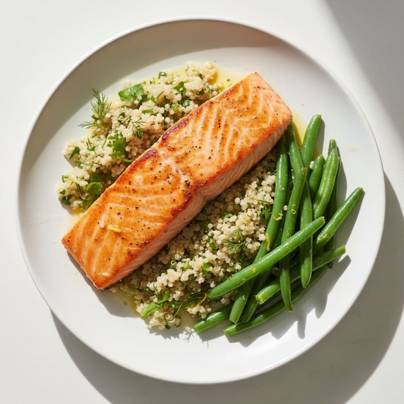 Seared Salmon Fillet with Lemon-Herb Quinoa and Sautéed Green Beans