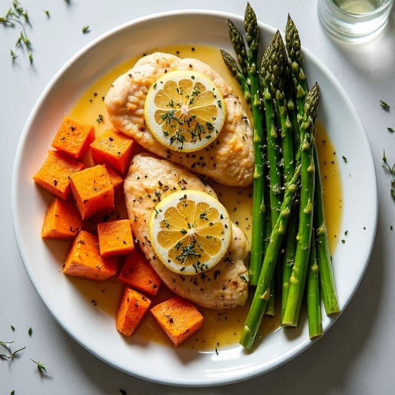 Sheet Pan Lemon-Garlic Chicken with Roasted Asparagus and Crispy Sweet Potatoes