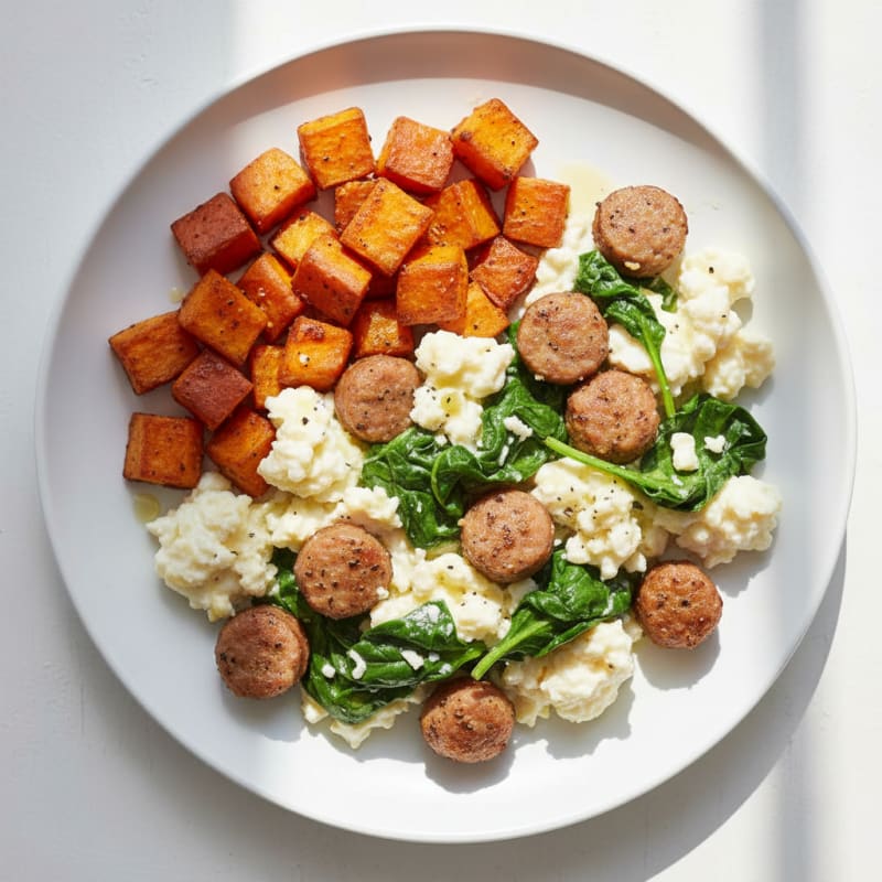 Egg White and Turkey Sausage Scramble with Spinach and Roasted Sweet Potato