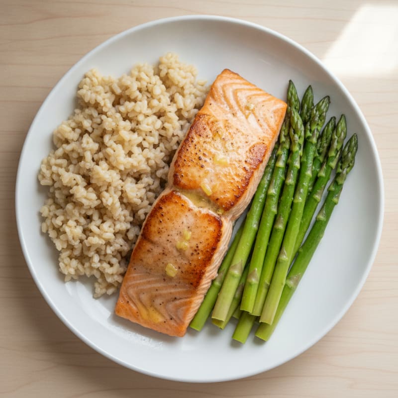 Seared Salmon with Steamed Asparagus and Brown Rice