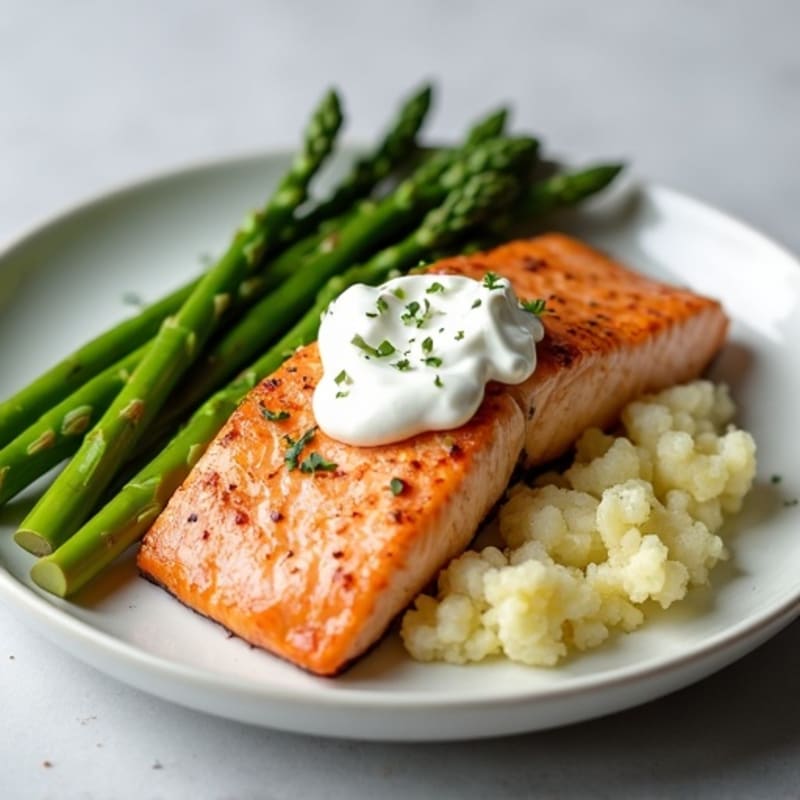 Seared Salmon with Steamed Asparagus and Garlic Mashed Cauliflower