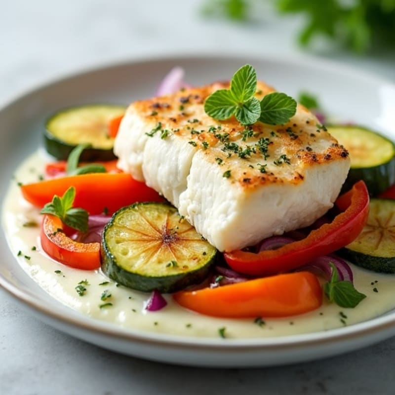 Seared White Fish with Roasted Vegetables and Herb Cheese Sauce