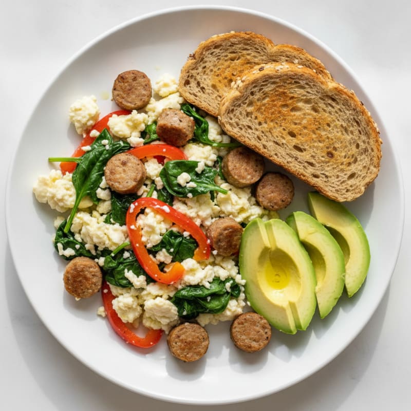 Egg White and Turkey Sausage Scramble with Spinach and Bell Peppers