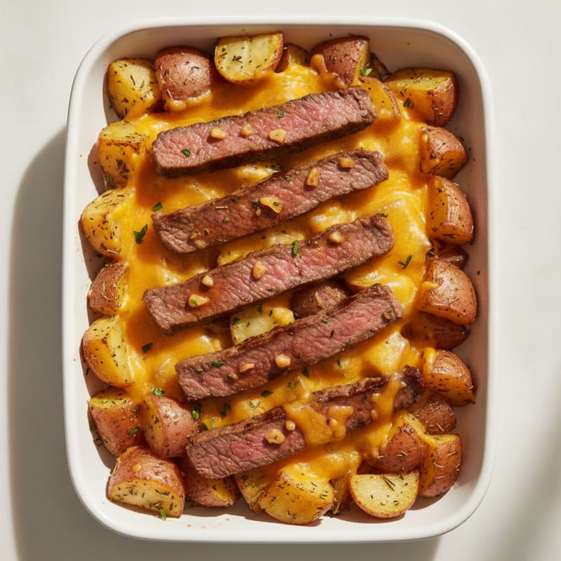 Seared Beef Strips with Herb-Roasted Potatoes and Melted Cheese