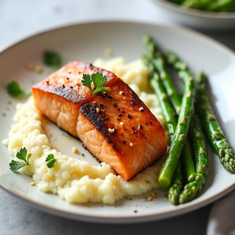 Seared Salmon with Steamed Asparagus and Cauliflower Mash