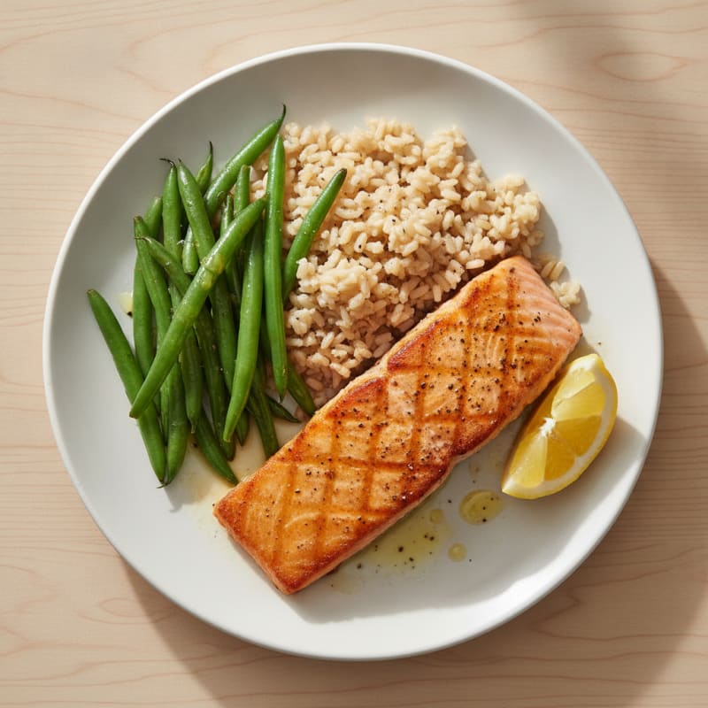 Seared Salmon with Steamed Green Beans and Brown Rice