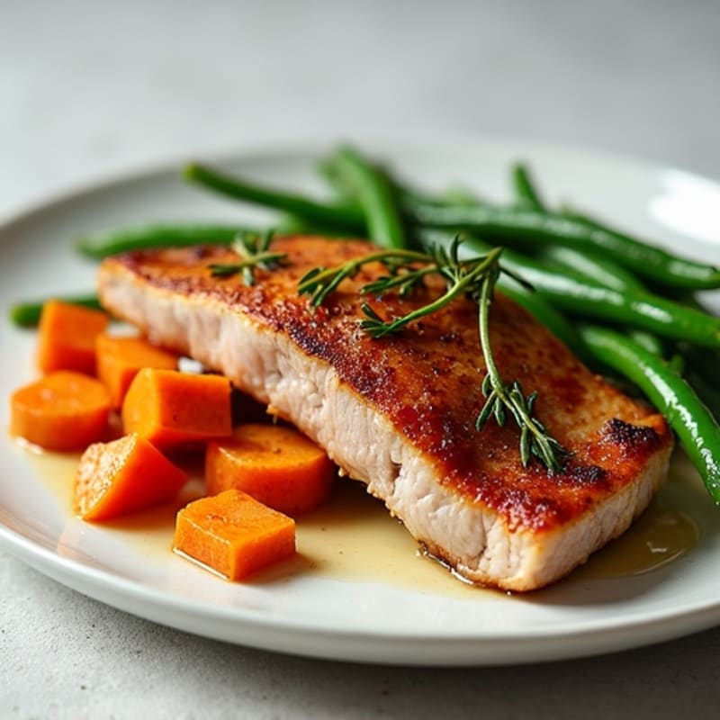 Crispy Pan-Seared Duck Breast with Roasted Sweet Potatoes and Green Beans