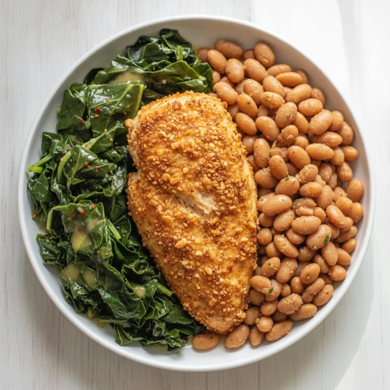 Crispy Oven-Baked Chicken Breast with Collard Greens and Pinto Beans
