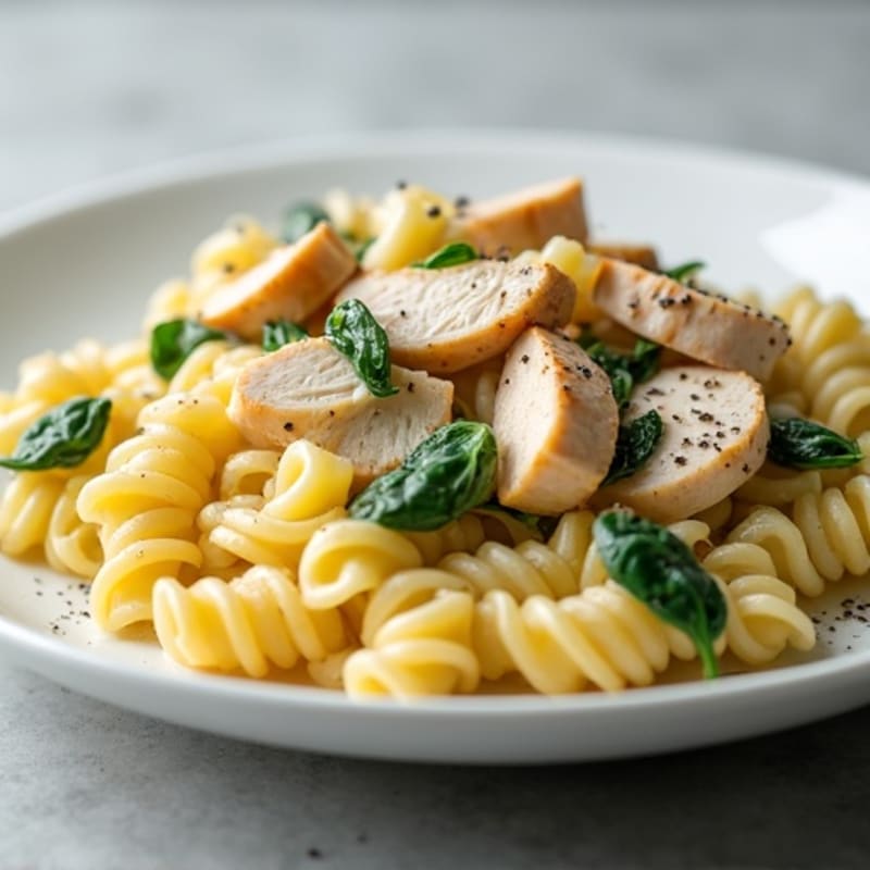 Lightened Creamy Chicken Alfredo Pasta with Fresh Spinach