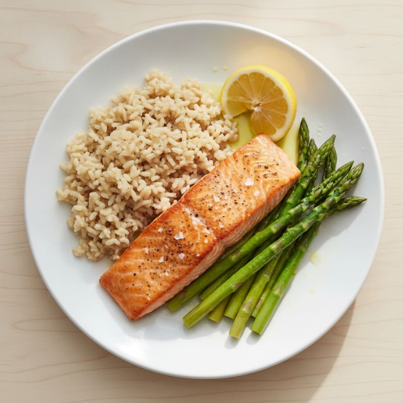 Seared Salmon Fillet with Steamed Asparagus and Brown Rice
