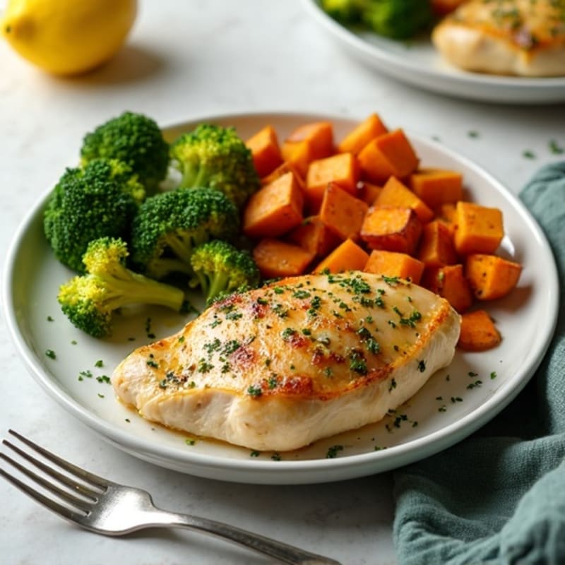 Sheet Pan Lemon Herb Chicken with Crispy Roasted Broccoli and Sweet Potatoes
