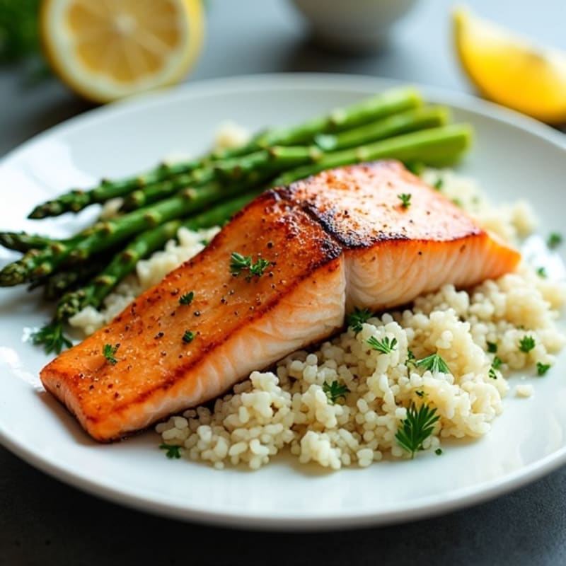 Seared Salmon with Steamed Asparagus and Herb Rice