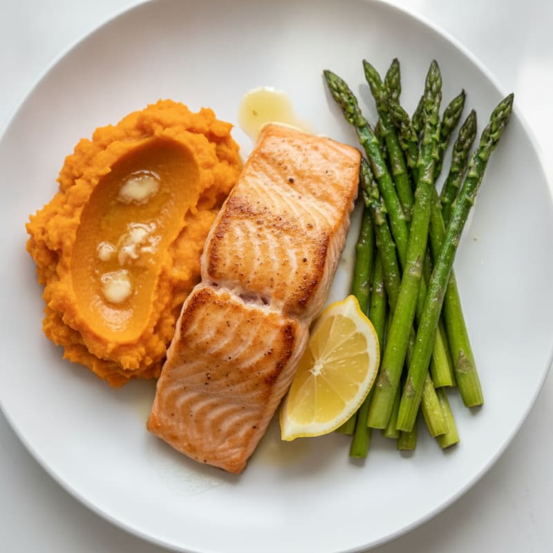 Seared Salmon Fillet with Roasted Asparagus and Sweet Potato Mash