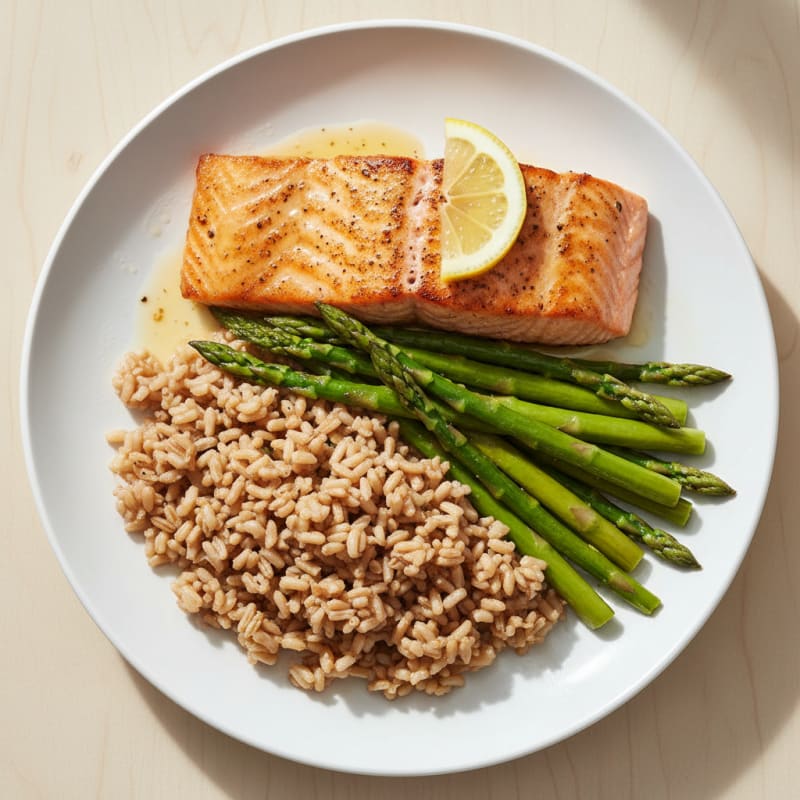 Seared Salmon with Steamed Asparagus and Brown Rice