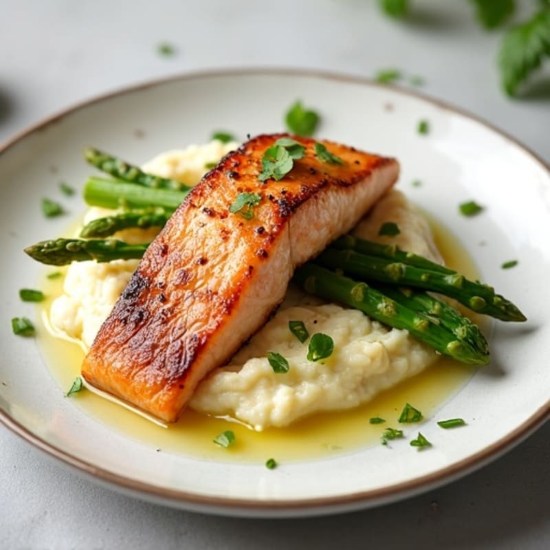 Seared Salmon with Steamed Asparagus and Garlic Cauliflower Mash
