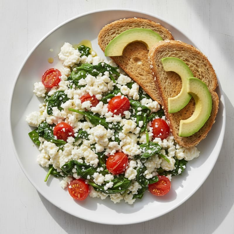 Cottage Cheese Egg White Scramble with Spinach and Cherry Tomatoes