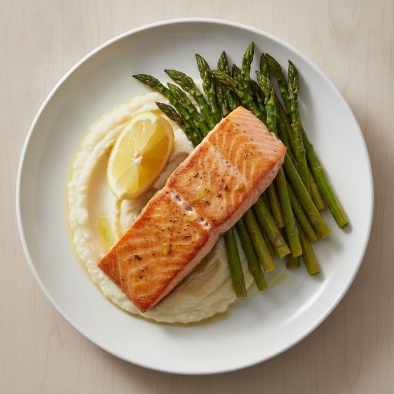Seared Salmon Fillet with Roasted Asparagus and Cauliflower Mash