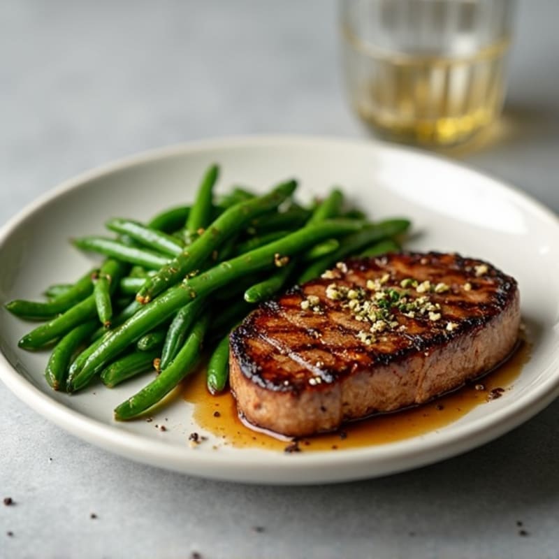 Pan-Seared Steak with Crispy Garlic Green Beans