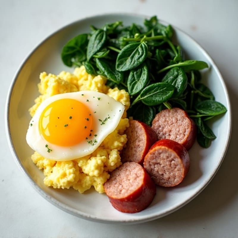 Fluffy Egg Scramble with Sautéed Spinach and Lean Turkey Sausage