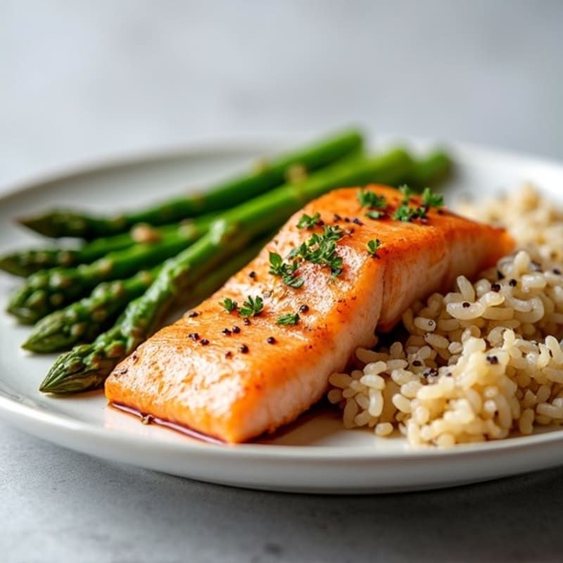 Seared Salmon with Steamed Asparagus and Brown Rice