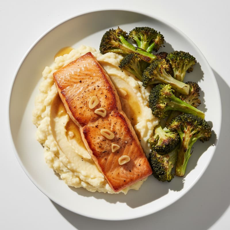 Seared Salmon with Roasted Broccoli and Garlic Mashed Cauliflower
