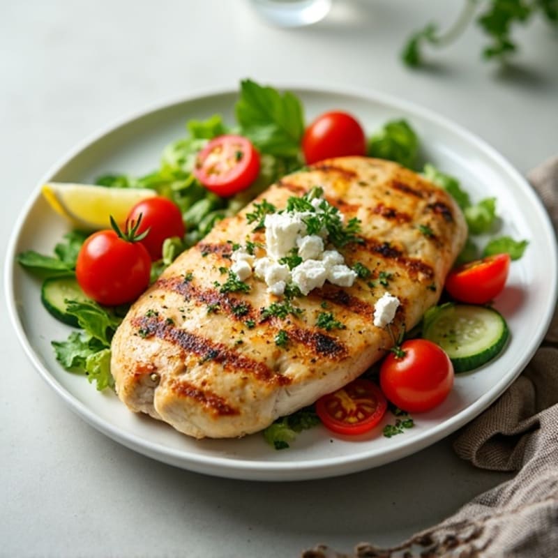 Grilled Lemon Herb Chicken with Fresh Feta and Crunchy Vegetable Salad