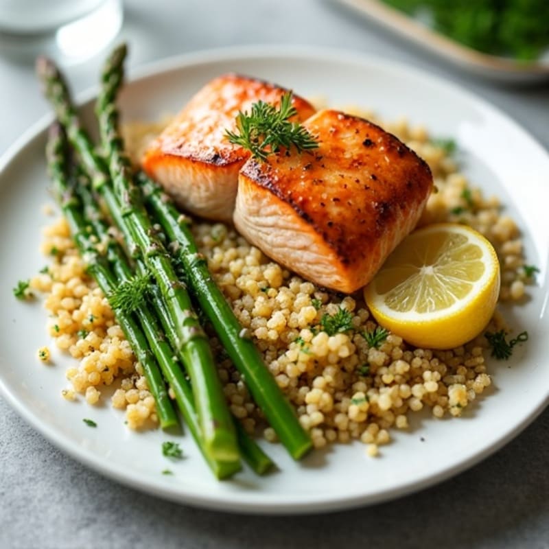 Seared Salmon with Steamed Asparagus and Lemon Herb Quinoa