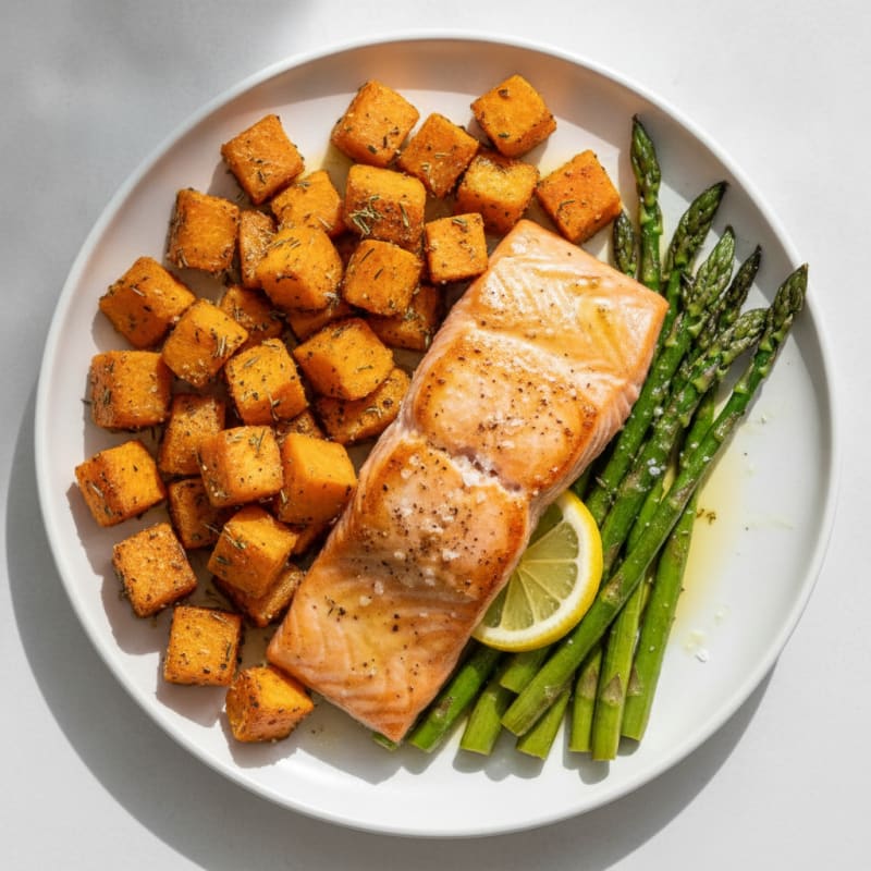 Roasted Salmon Fillet with Herb-Spiced Sweet Potato and Asparagus
