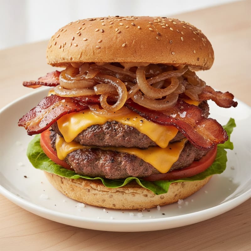 Double Bacon Cheeseburger with Caramelized Onions