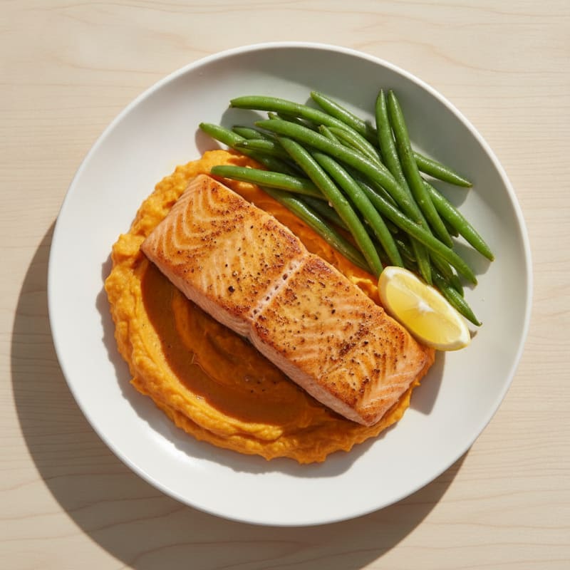 Seared Salmon Fillet with Steamed Green Beans and Sweet Potato Mash