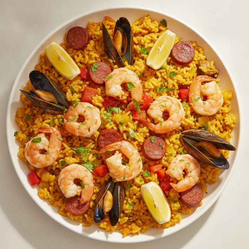 Saffron Seafood Paella with Chorizo
