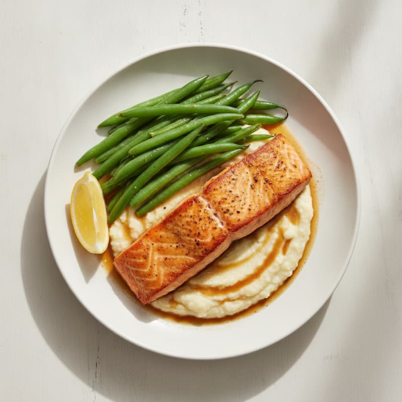 Seared Salmon with Steamed Green Beans and Garlic Cauliflower Mash