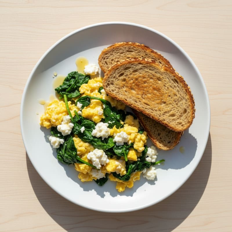 Scrambled Eggs with Cottage Cheese and Sautéed Spinach