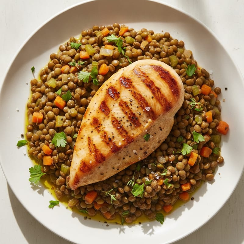 Grilled Chicken with Braised Lentils