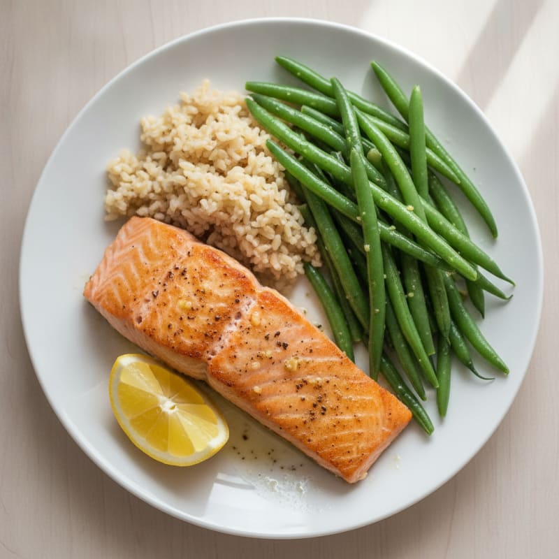 Seared Salmon with Steamed Green Beans and Brown Rice