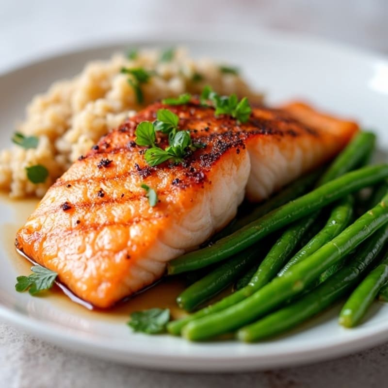 Seared Salmon Fillet with Steamed Green Beans and Brown Rice