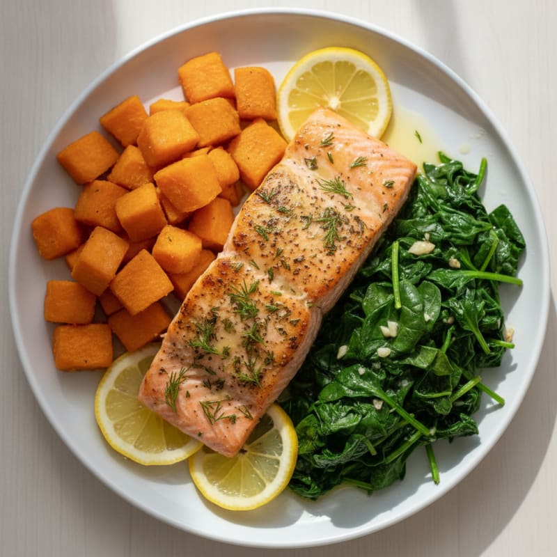 Herb-Roasted Salmon with Steamed Sweet Potato and Sautéed Spinach