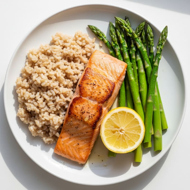 Seared Salmon with Steamed Asparagus and Brown Rice