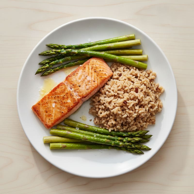 Seared Salmon with Steamed Asparagus and Brown Rice