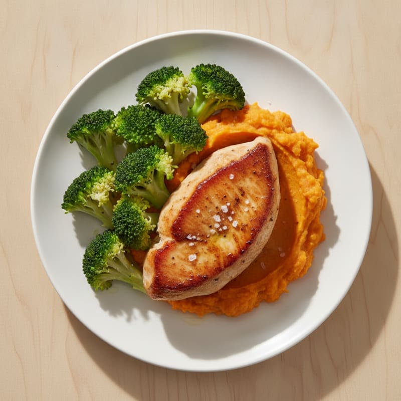 Seared Turkey Breast with Steamed Broccoli and Sweet Potato Mash