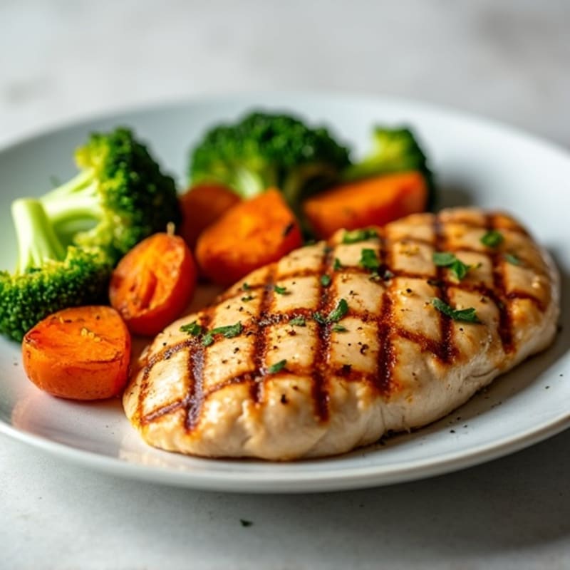 Grilled Chicken Breast with Roasted Sweet Potato and Steamed Broccoli