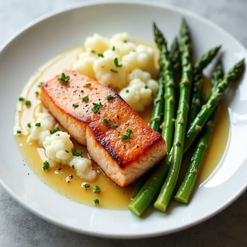 Seared Salmon with Steamed Asparagus and Garlic Cauliflower Mash