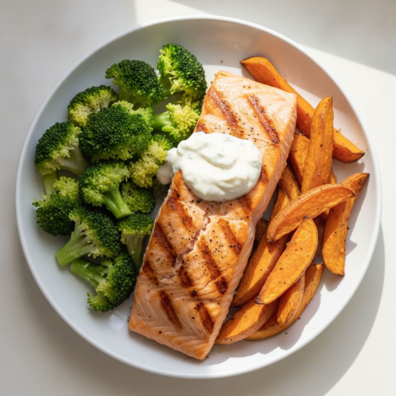 Grilled Salmon with Roasted Sweet Potato and Steamed Broccoli