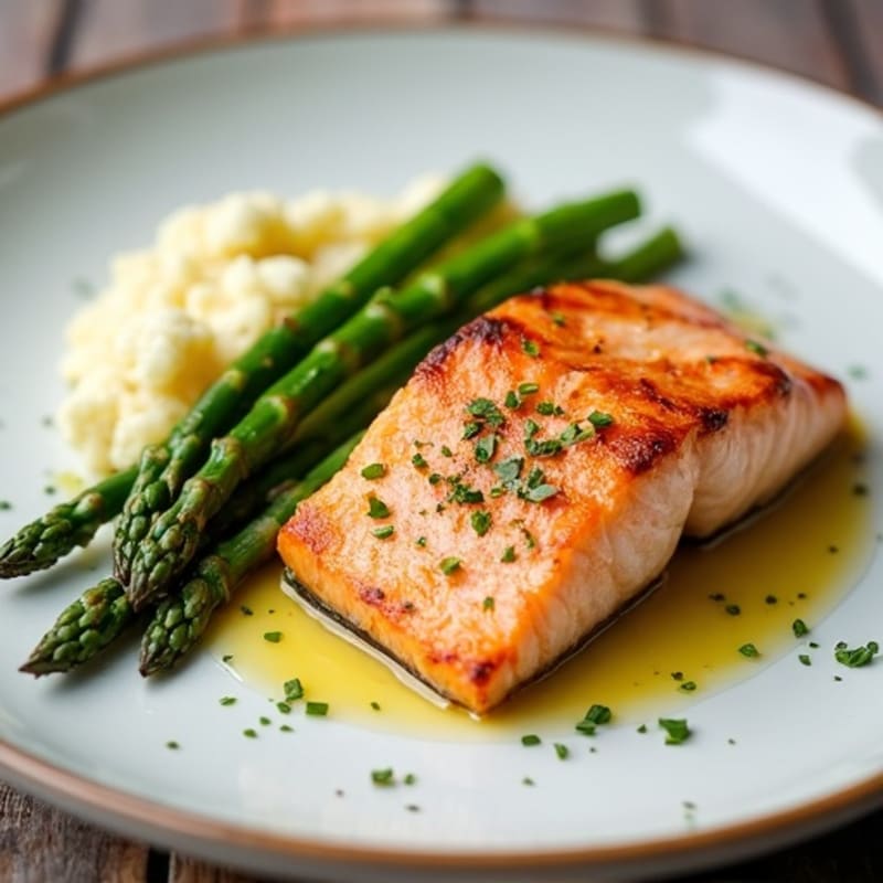 Seared Salmon with Steamed Asparagus and Cauliflower Mash