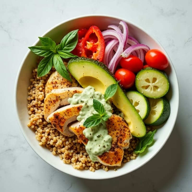 Lemon Herb Chicken and Roasted Vegetable Grain Bowl with Creamy Avocado Dressing