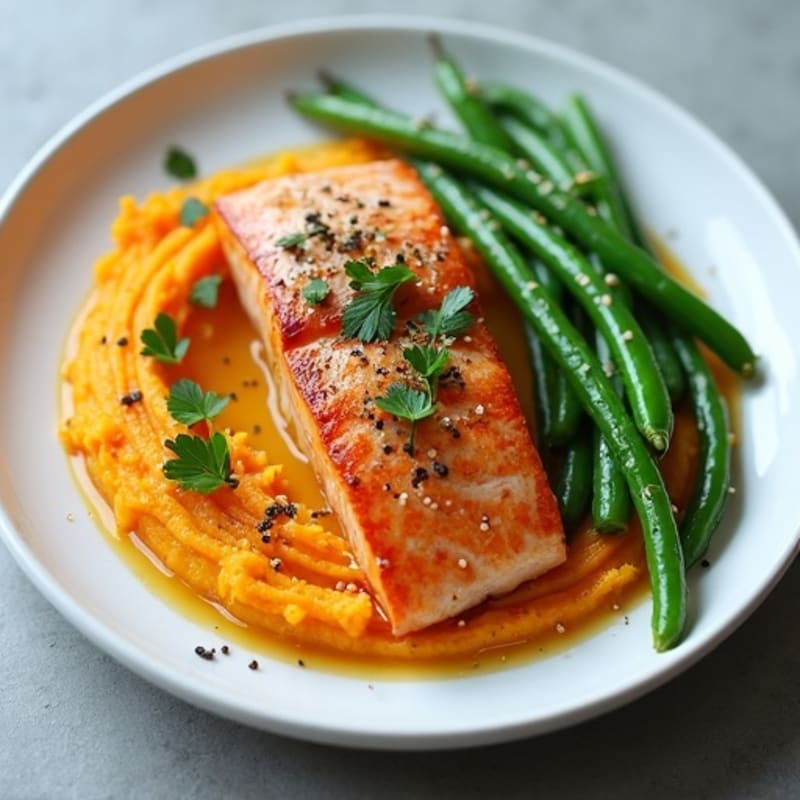 Pan-Seared Salmon with Garlic Green Beans and Sweet Potato Mash